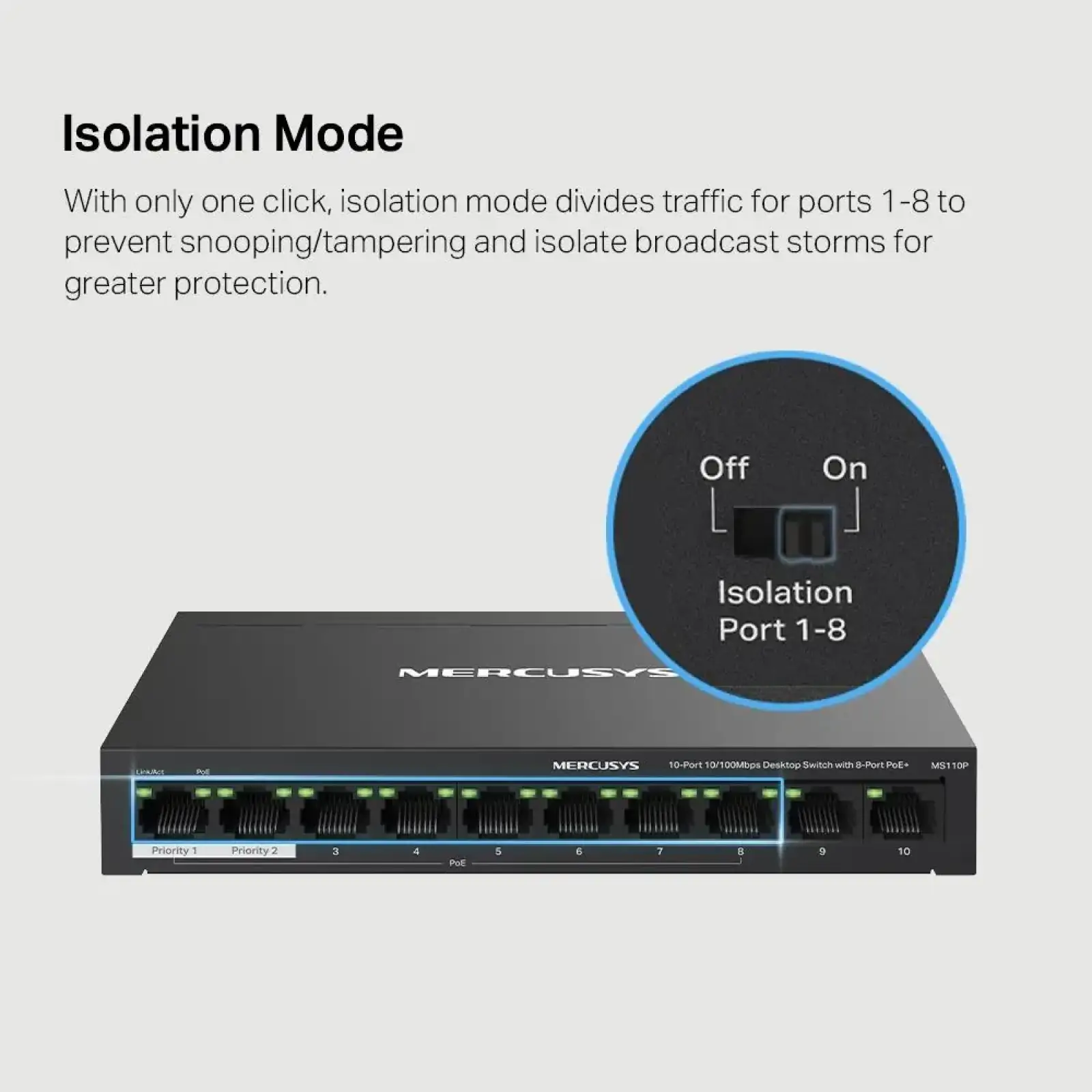 Комутатор 10-портовий 10/100 Мбіт/с ( 8 портів PoE+), MS110P MERCUSYS UA