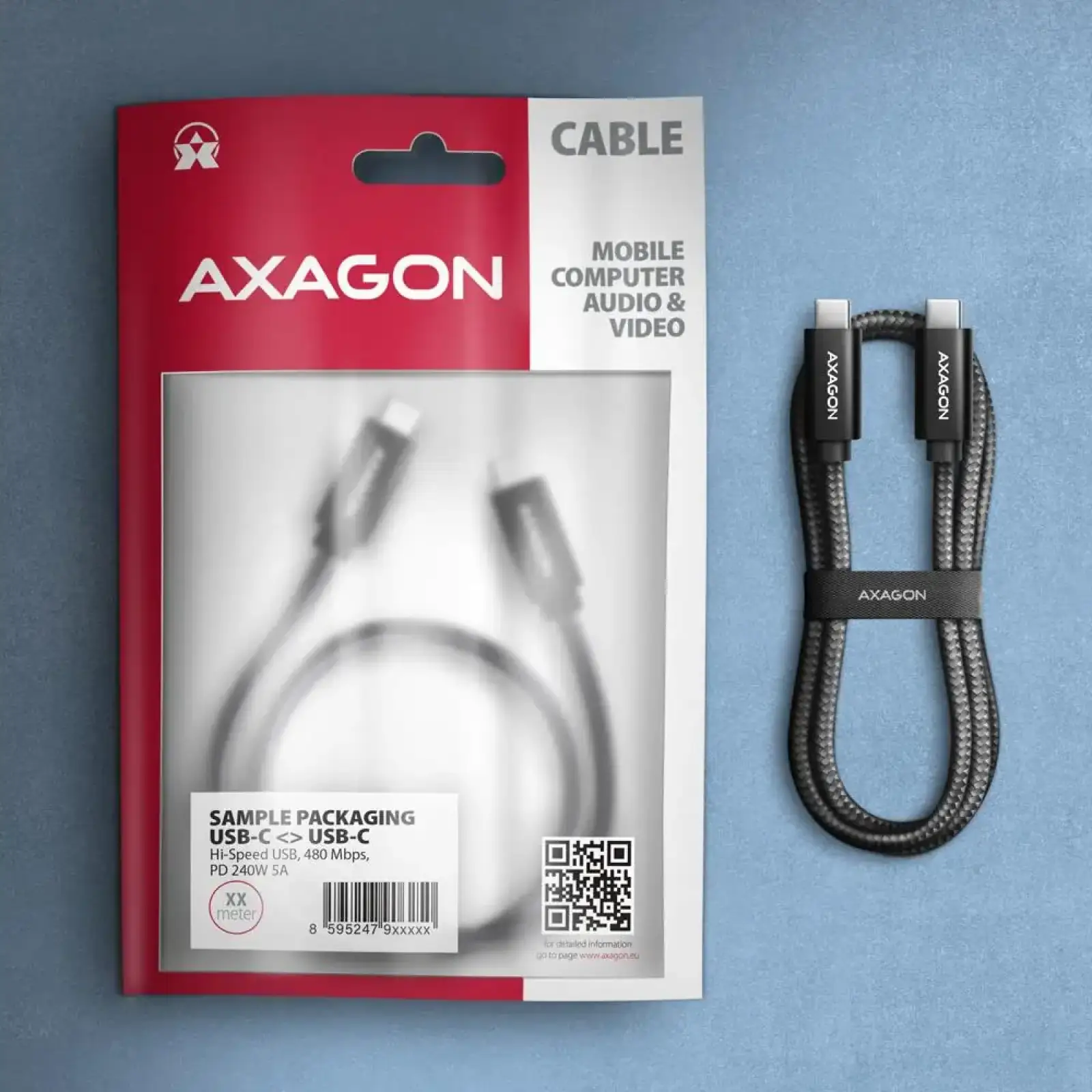 Кабель AXAGON BUCM2-CM25AB USB-C-USB-C 2.0, 2.5м, PD 240W 5A, Чорний UA
