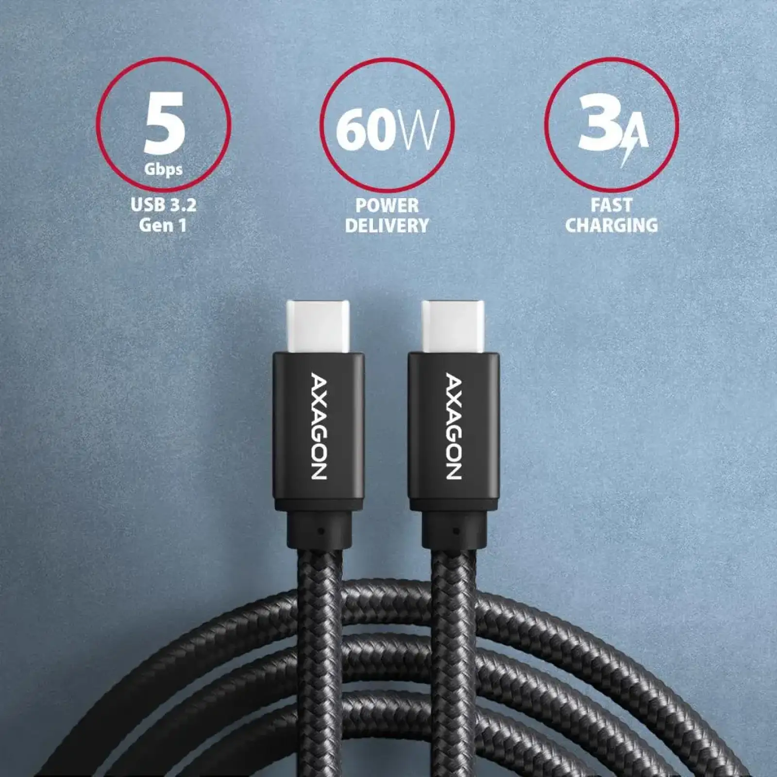 Кабель AXAGON BUCM3-CM10AB USB-C-USB-C 3.2 Gen 1, 3m, PD 60W, 3A, чорний (BUCM3-CM30AB) UA