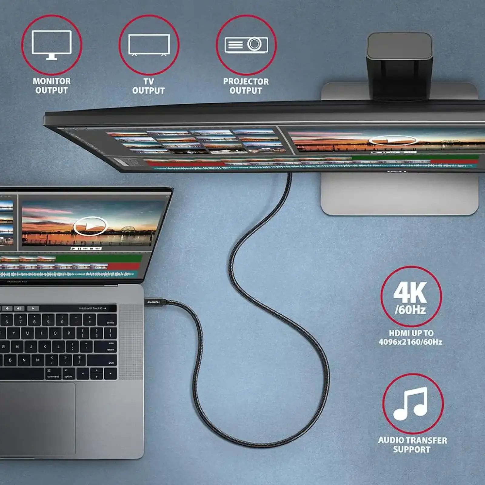 Кабель AXAGON BUCM32-CM20AB USB-C-USB-C 3.2 Gen 2, 2m, PD 100W, 5A, 4K HD, Чорний UA