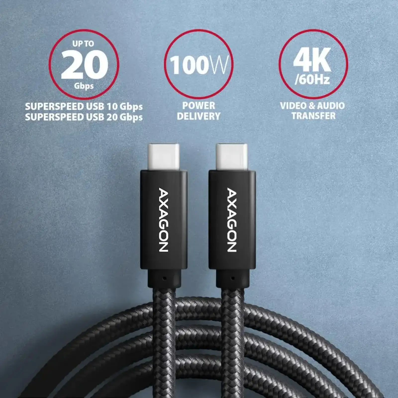 Кабель AXAGON BUCM32-CM10AB USB-C-USB-C 3.2 Gen 2, 1m, PD 100W, 5A, 4K HD,Чорний UA