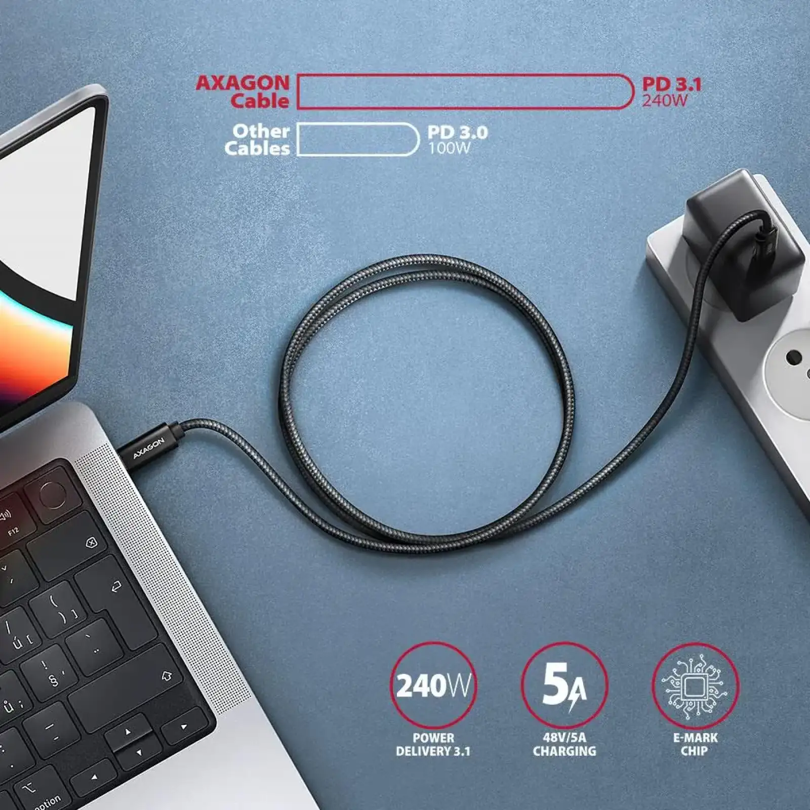 Кабель AXAGON BUCM2-CM20AB USB-C-USB-C 2.0, 2м, PD 240W 5A, Чорний UA