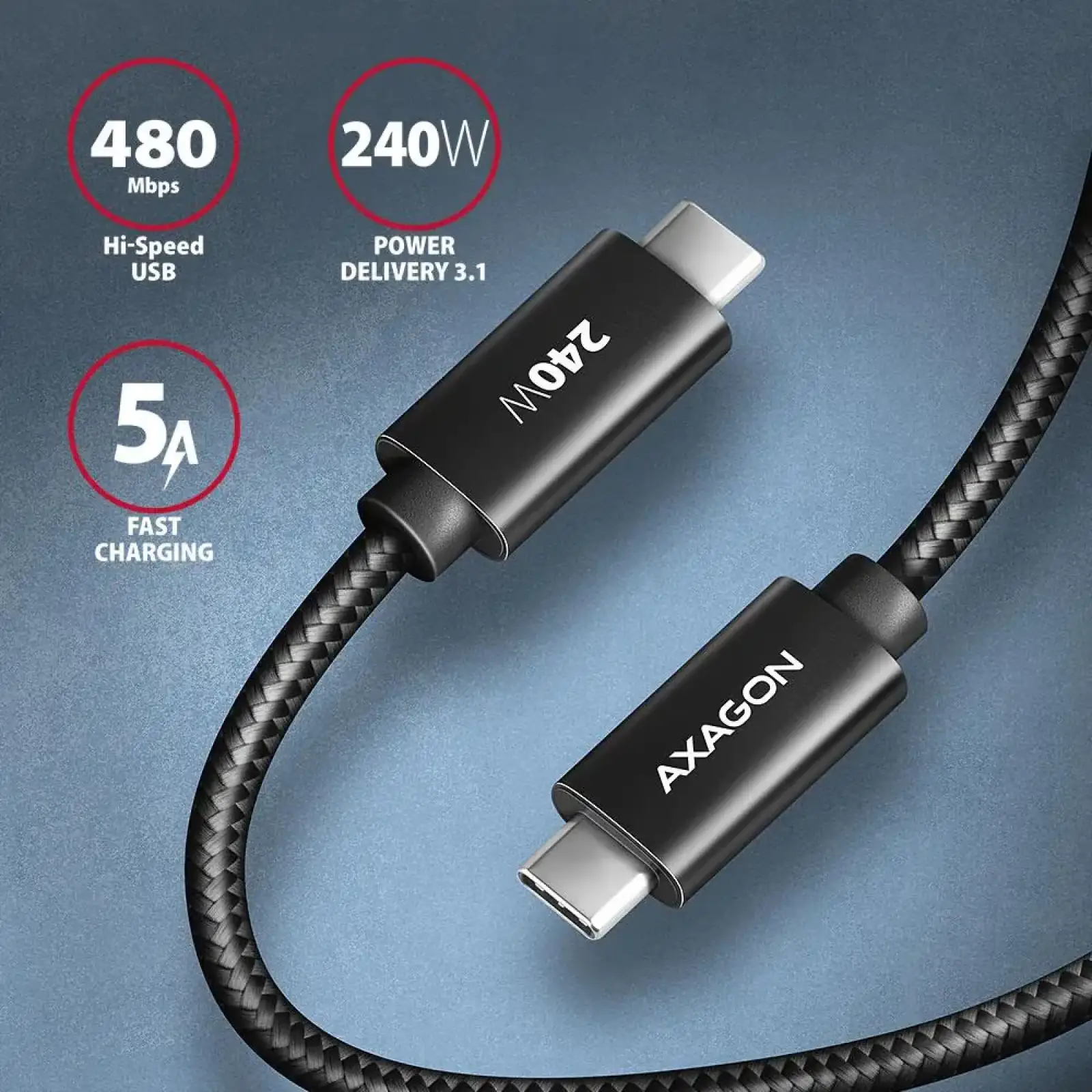 Кабель AXAGON BUCM2-CM25AB USB-C-USB-C 2.0, 2.5м, PD 240W 5A, Чорний UA