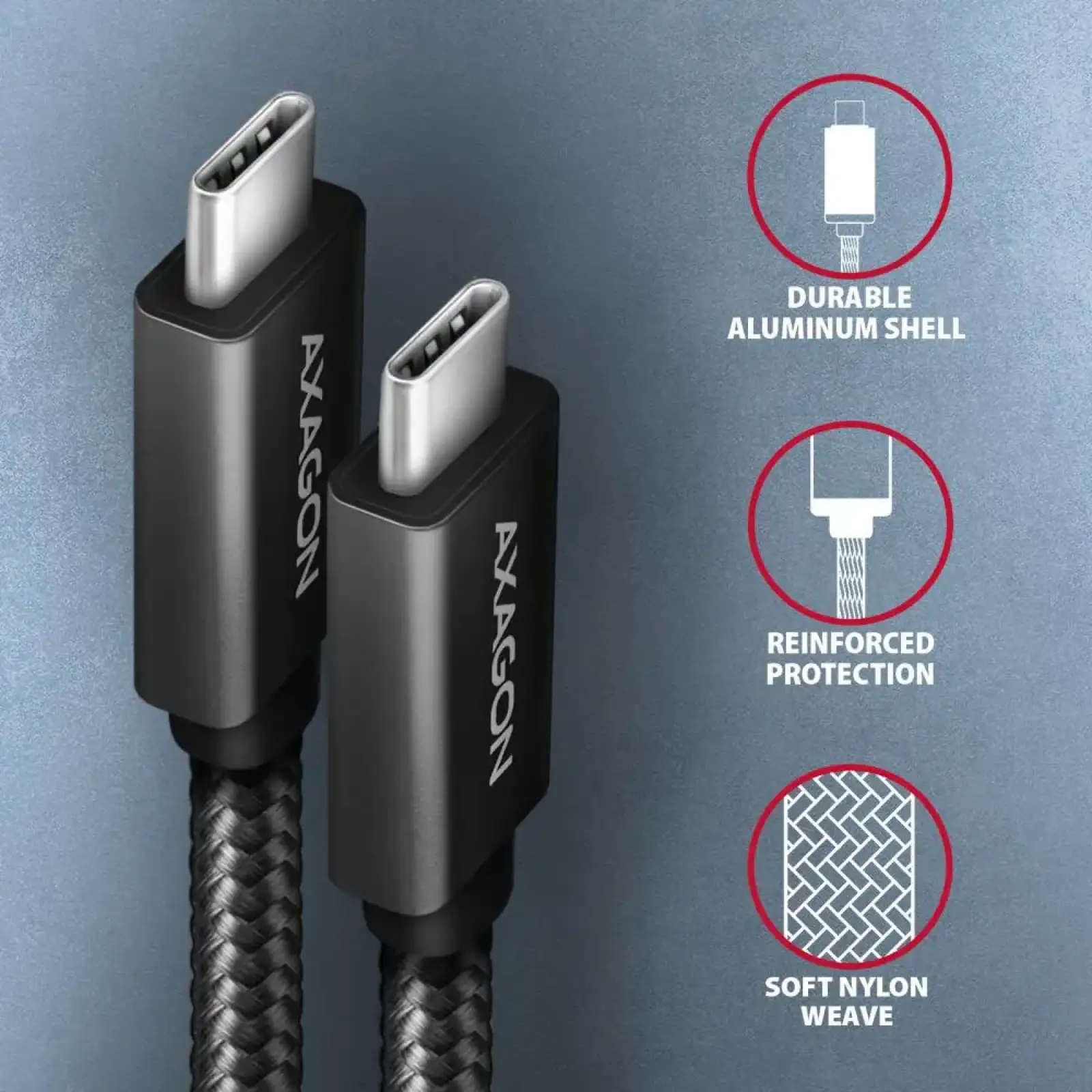 Кабель AXAGON BUCM32-CM20AB USB-C-USB-C 3.2 Gen 2, 2m, PD 100W, 5A, 4K HD, Чорний UA