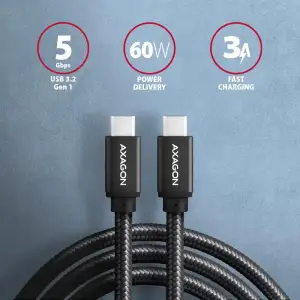 Кабель AXAGON BUCM3-CM10AB USB-C-USB-C 3.2 Gen 1, 2m, PD 60W, 3A, чорний (BUCM3-CM20AB) UA