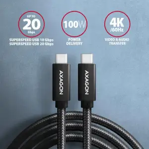 Кабель AXAGON BUCM32-CM20AB USB-C-USB-C 3.2 Gen 2, 2m, PD 100W, 5A, 4K HD, Чорний UA