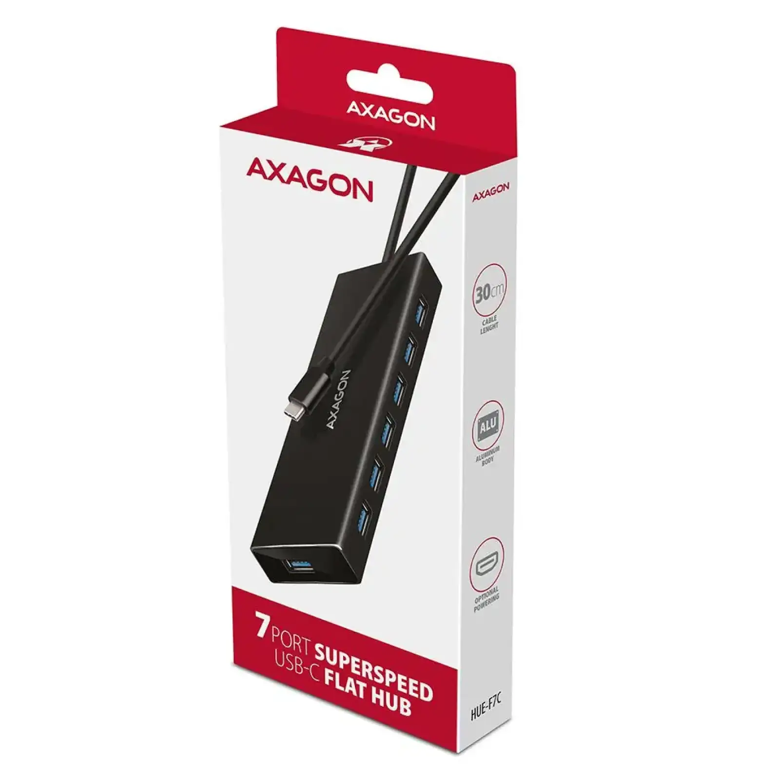 Хаб AXAGON HUE-F7C SuperSpeed USB-C FLAT CHARGING hub, кабель 30см USB-C, Чорний UA