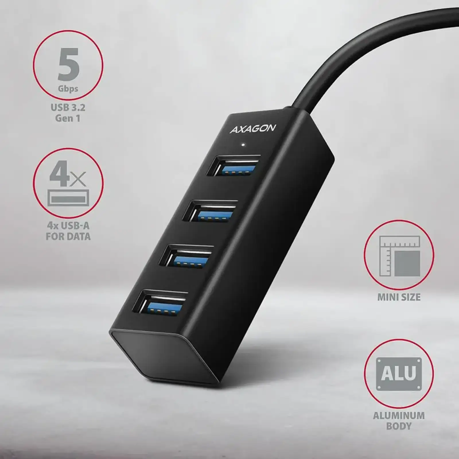 Хаб AXAGON HUE-M1AL SuperSpeed USB-A MINI hub, USB-A кабель 120см, Чорний UA
