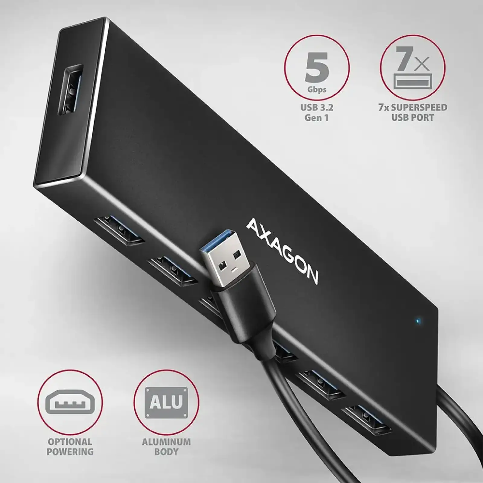 Хаб AXAGON HUE-F7A SuperSpeed USB-A FLAT hub, 1м USB-A , Чорний UA