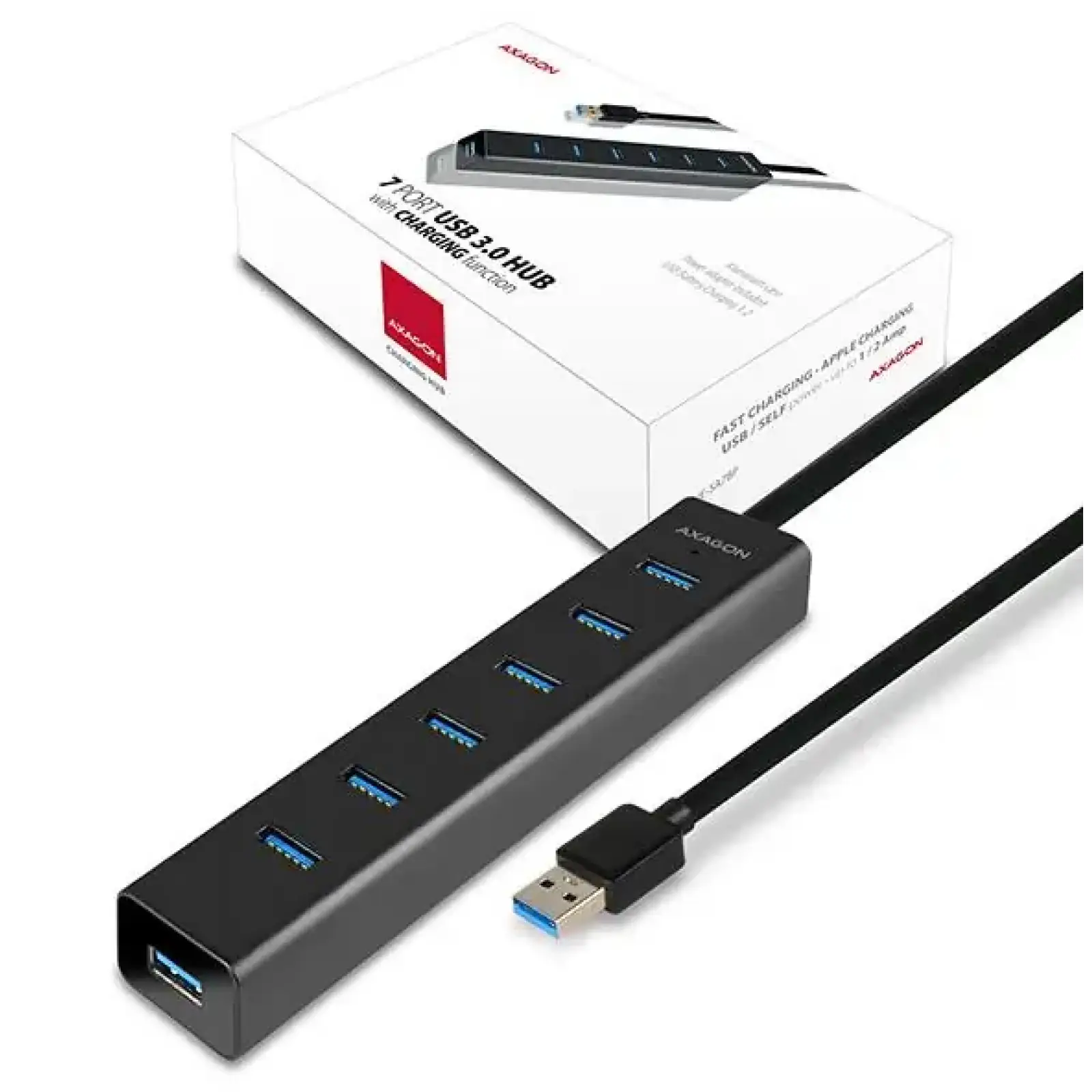 Хаб AXAGON HUE-SA7BP USB3.0 CHARGING hub, USB-A кабель 40см, Чорний UA