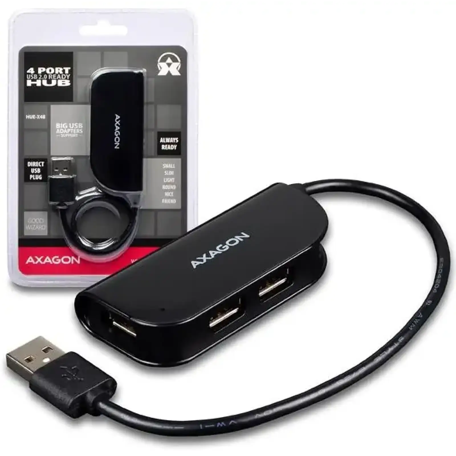 Хаб AXAGON HUE-X4B USB READY hub, USB-A кабель 20см, Чорний UA