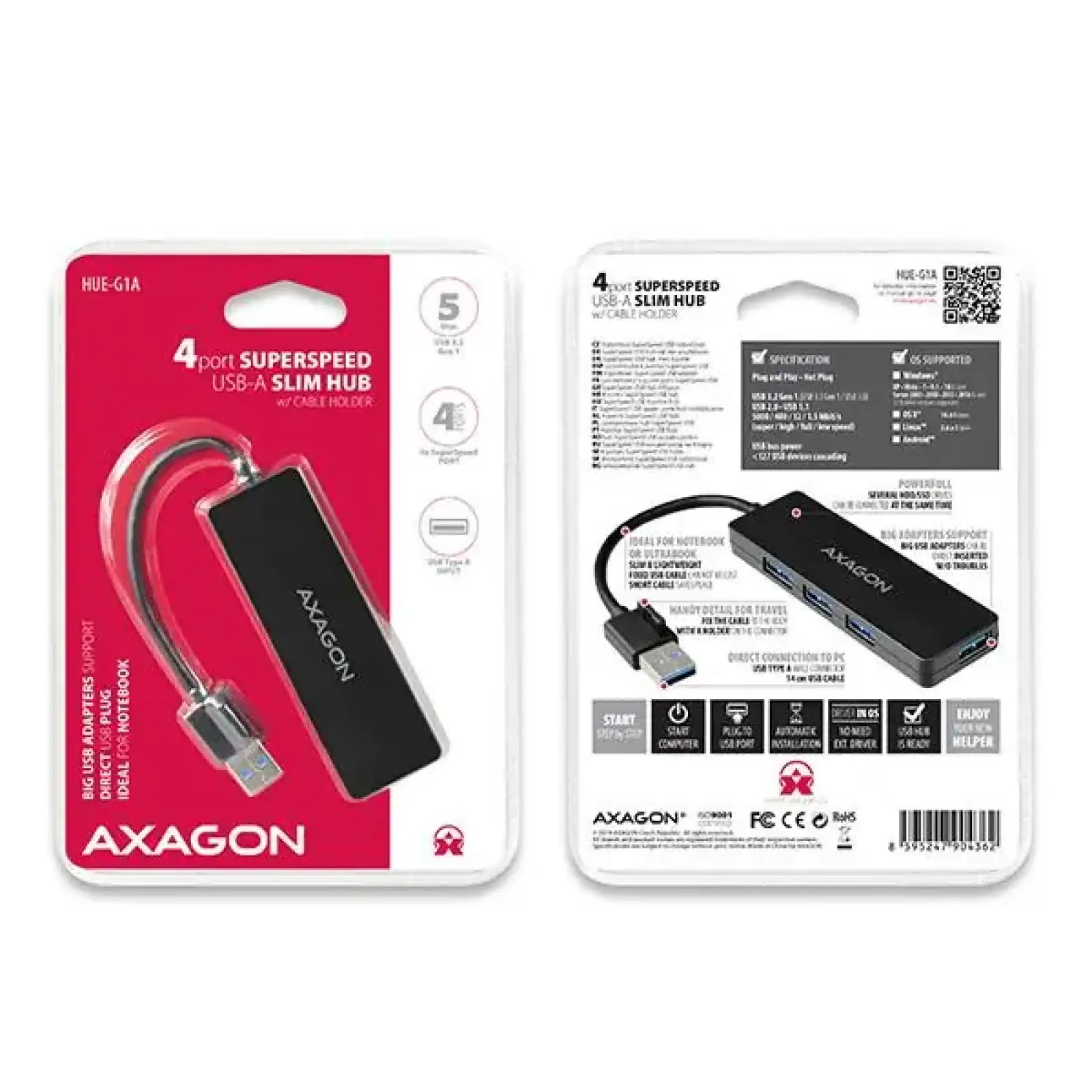 Хаб AXAGON HUE-G1A SuperSpeed USB SLIM hub, кабель 14см Type-A, Чорний UA
