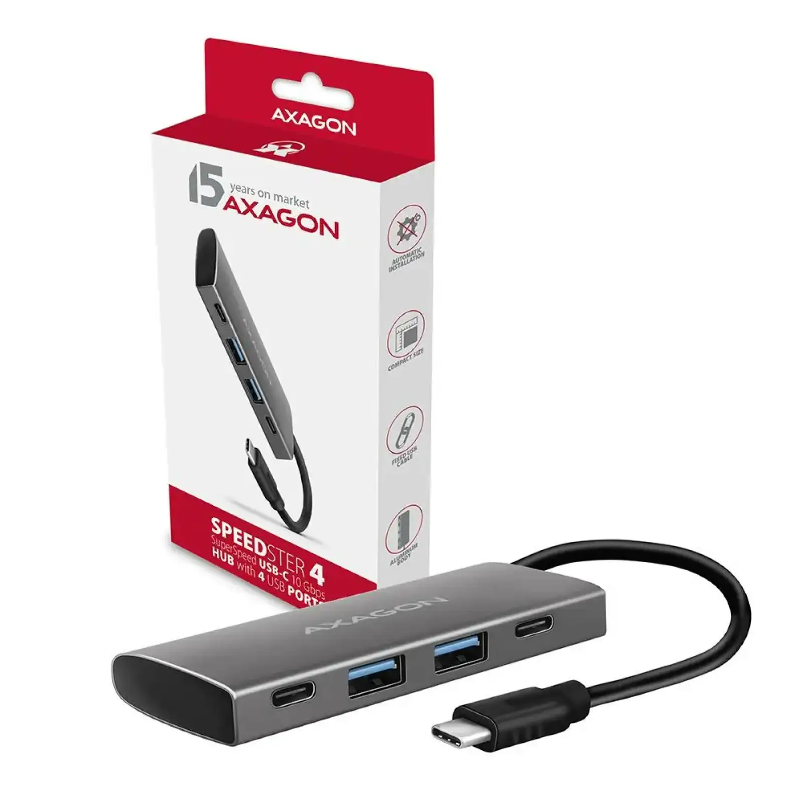 Хаб концентратор AXAGON HMC-4G2 SuperSpeed ​​USB-C 10 Gbps SPEEDSTER 4, Сірий UA