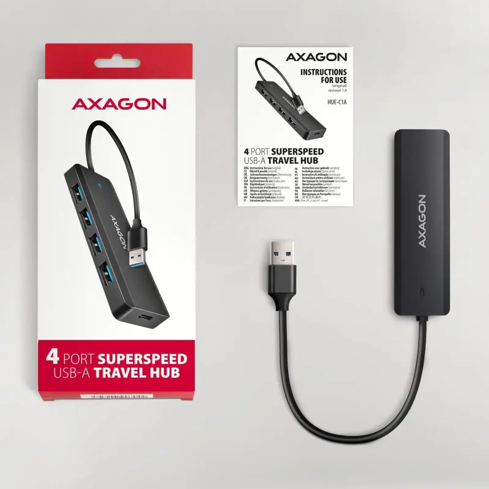 Хаб AXAGON HUE-C1A USB-A 5Гбіт/с TRAVEL hub, 20см Type-A, Чорний UA