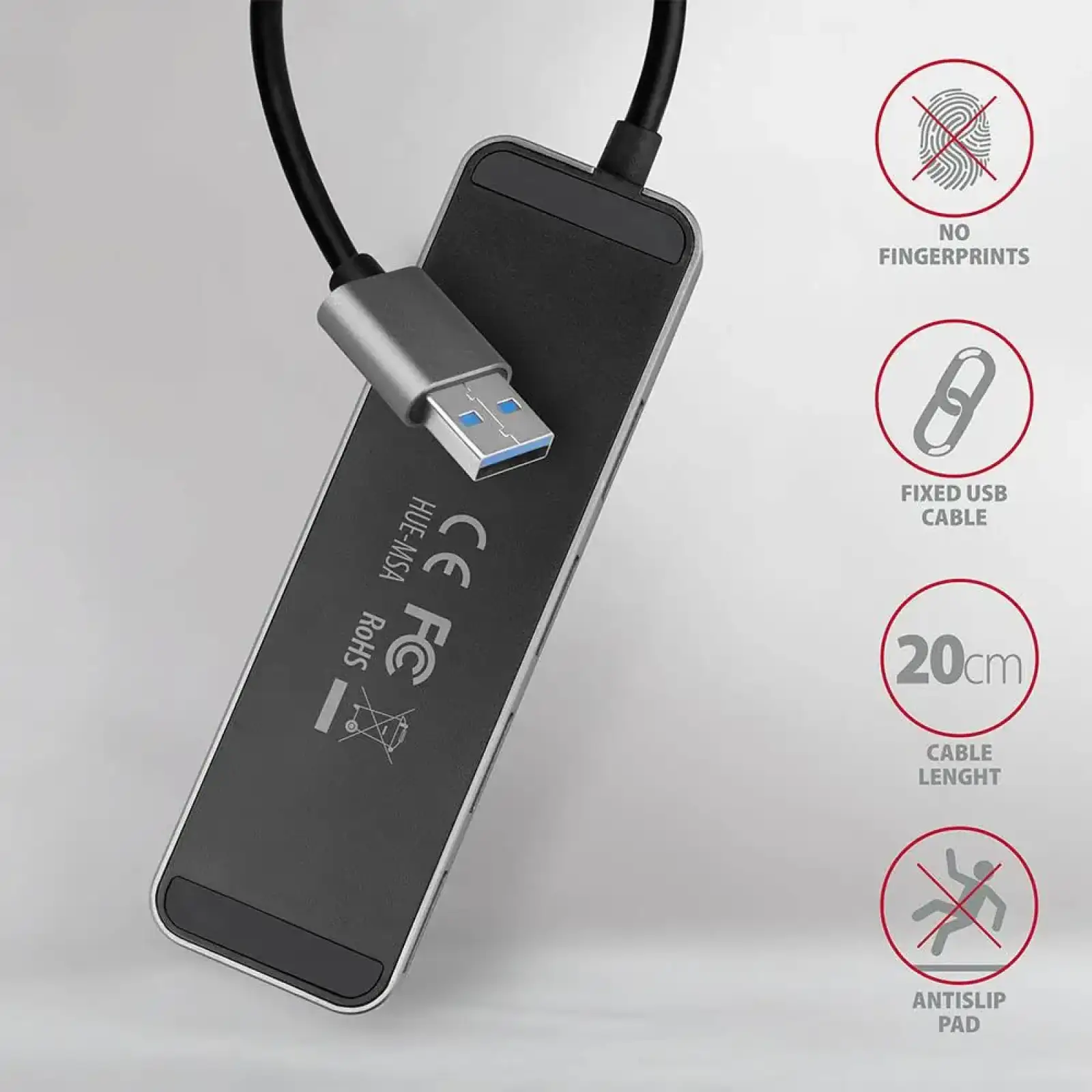 Хаб AXAGON HUE-MSA SuperSpeed USB-A SWITCH hub w. функція зарядки, USB-A кабель 20см, Сірий UA
