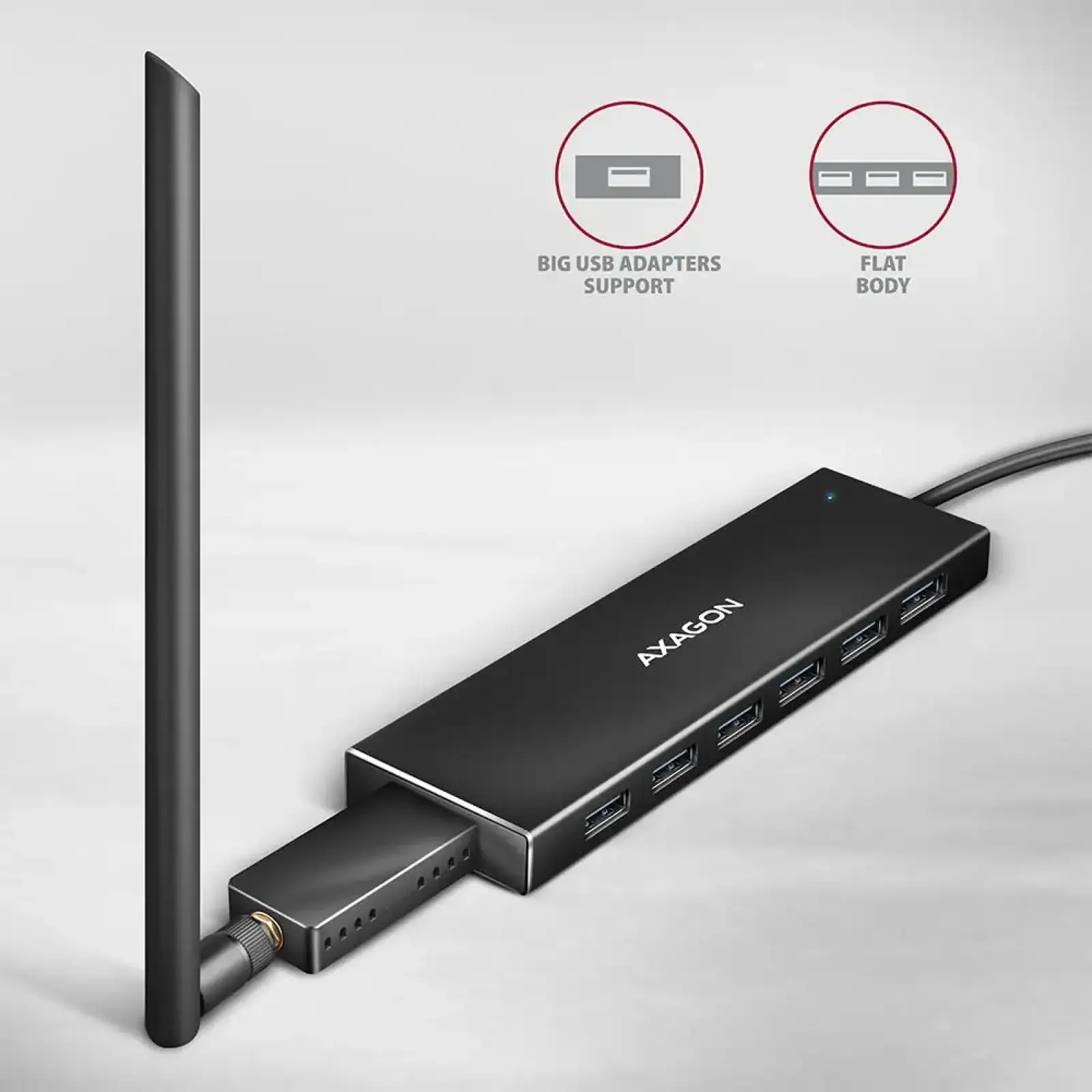 Хаб AXAGON HUE-F7C SuperSpeed USB-C FLAT CHARGING hub, кабель 30см USB-C, Чорний UA
