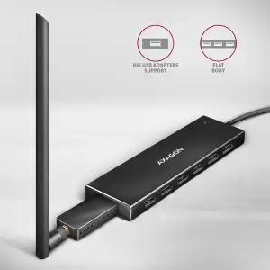 Хаб AXAGON HUE-F7C SuperSpeed USB-C FLAT CHARGING hub, кабель 30см USB-C, Чорний UA
