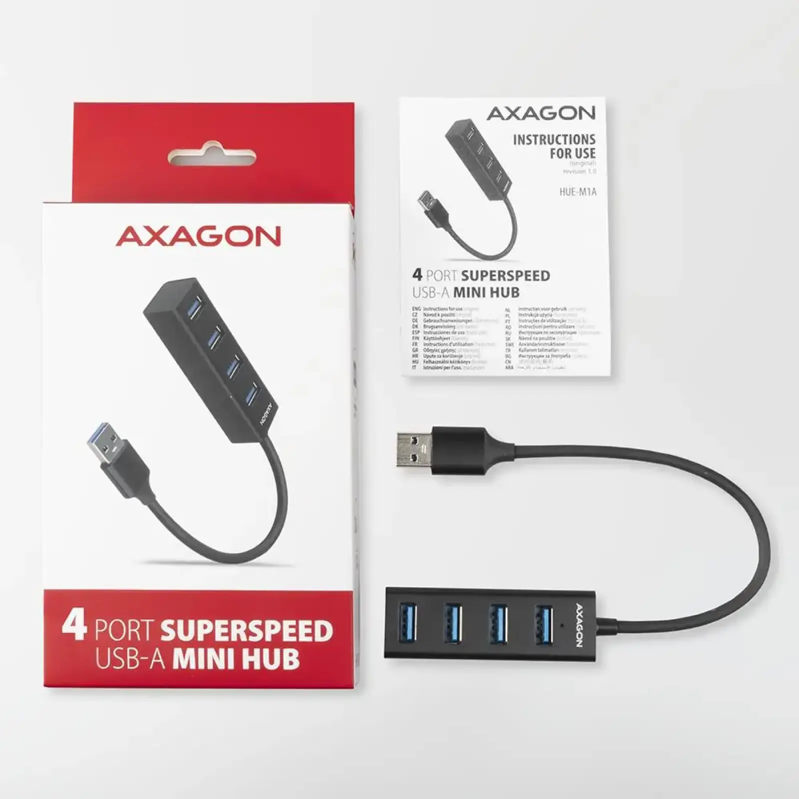 Хаб AXAGON HUE-M1A SuperSpeed USB-A MINI hub, USB-A кабель 20см, Чорний UA