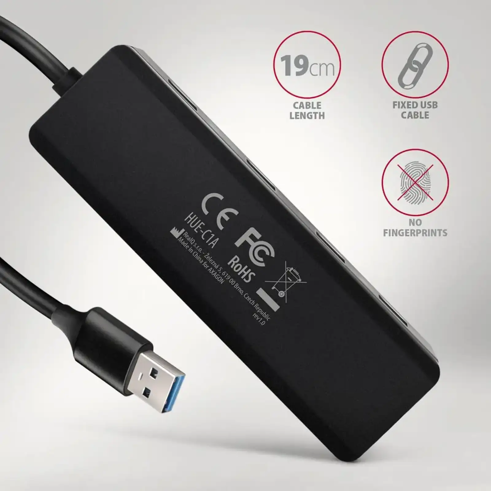 Хаб AXAGON HUE-C1A USB-A 5Гбіт/с TRAVEL hub, 20см Type-A, Чорний UA