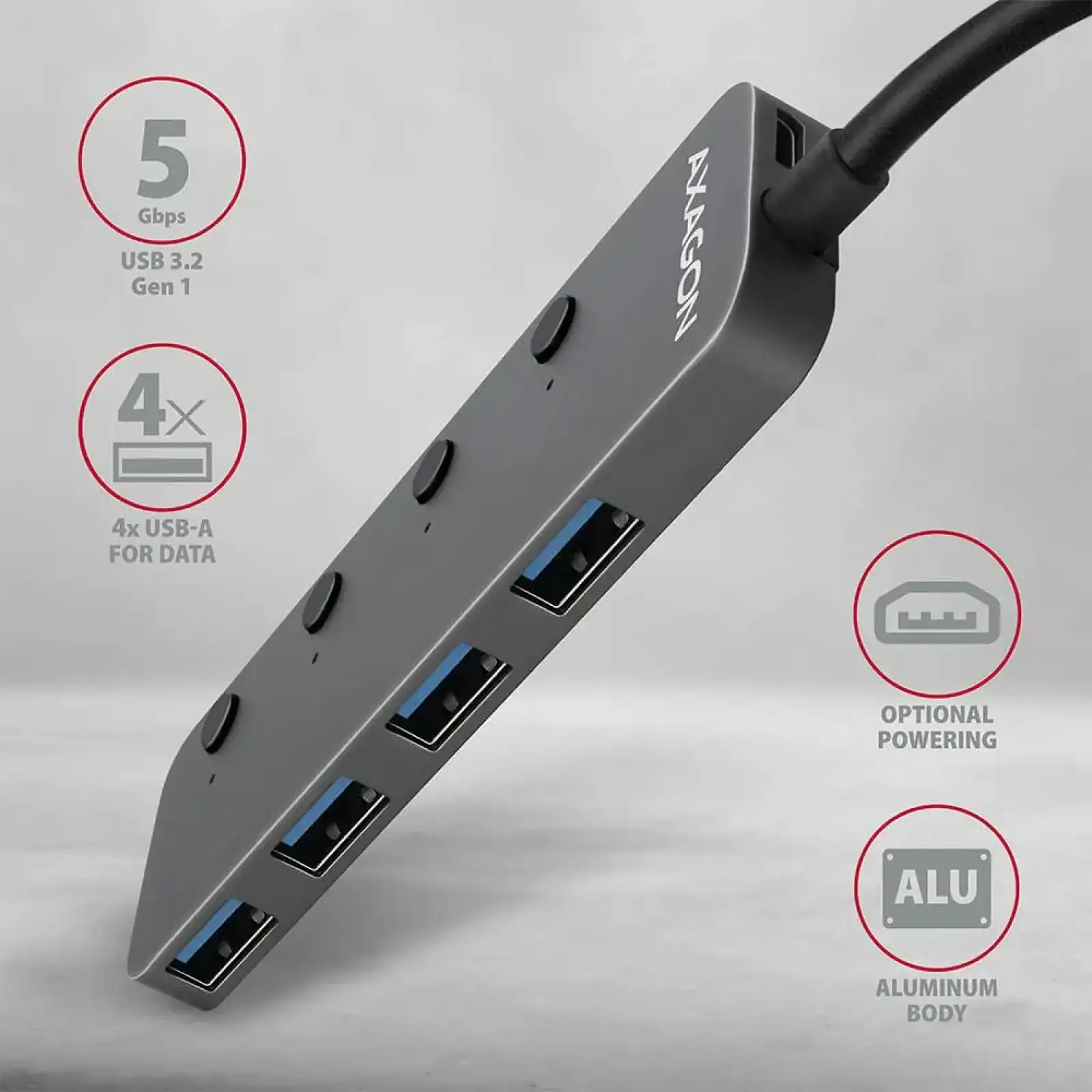 Хаб AXAGON HUE-MSA SuperSpeed USB-A SWITCH hub w. функція зарядки, USB-A кабель 20см, Сірий UA