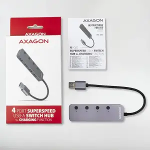 Хаб AXAGON HUE-MSA SuperSpeed USB-A SWITCH hub w. функція зарядки, USB-A кабель 20см, Сірий UA