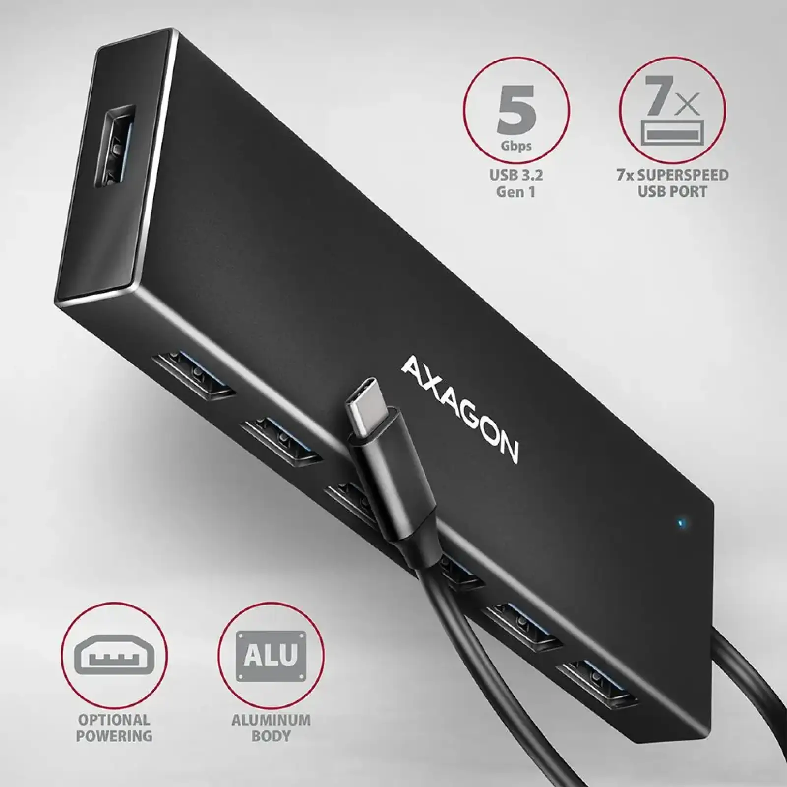 Хаб AXAGON HUE-F7C SuperSpeed USB-C FLAT CHARGING hub, кабель 30см USB-C, Чорний UA