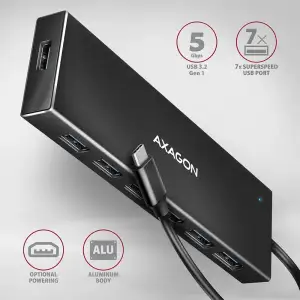 Хаб AXAGON HUE-F7C SuperSpeed USB-C FLAT CHARGING hub, кабель 30см USB-C, Чорний UA