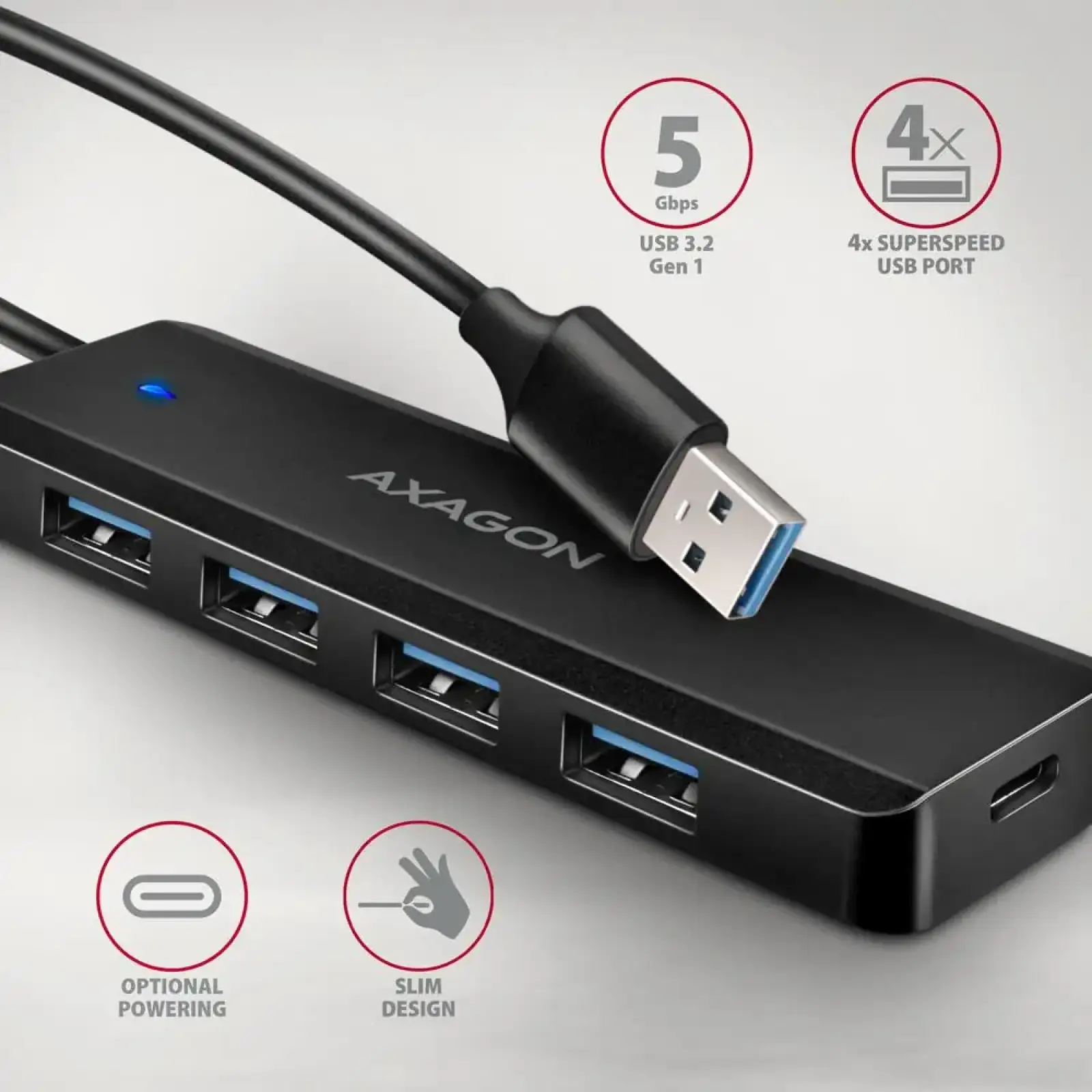 Хаб AXAGON HUE-C1A USB-A 5Гбіт/с TRAVEL hub, 20см Type-A, Чорний UA