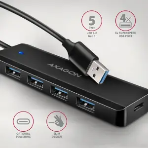 Хаб AXAGON HUE-C1A USB-A 5Гбіт/с TRAVEL hub, 20см Type-A, Чорний UA