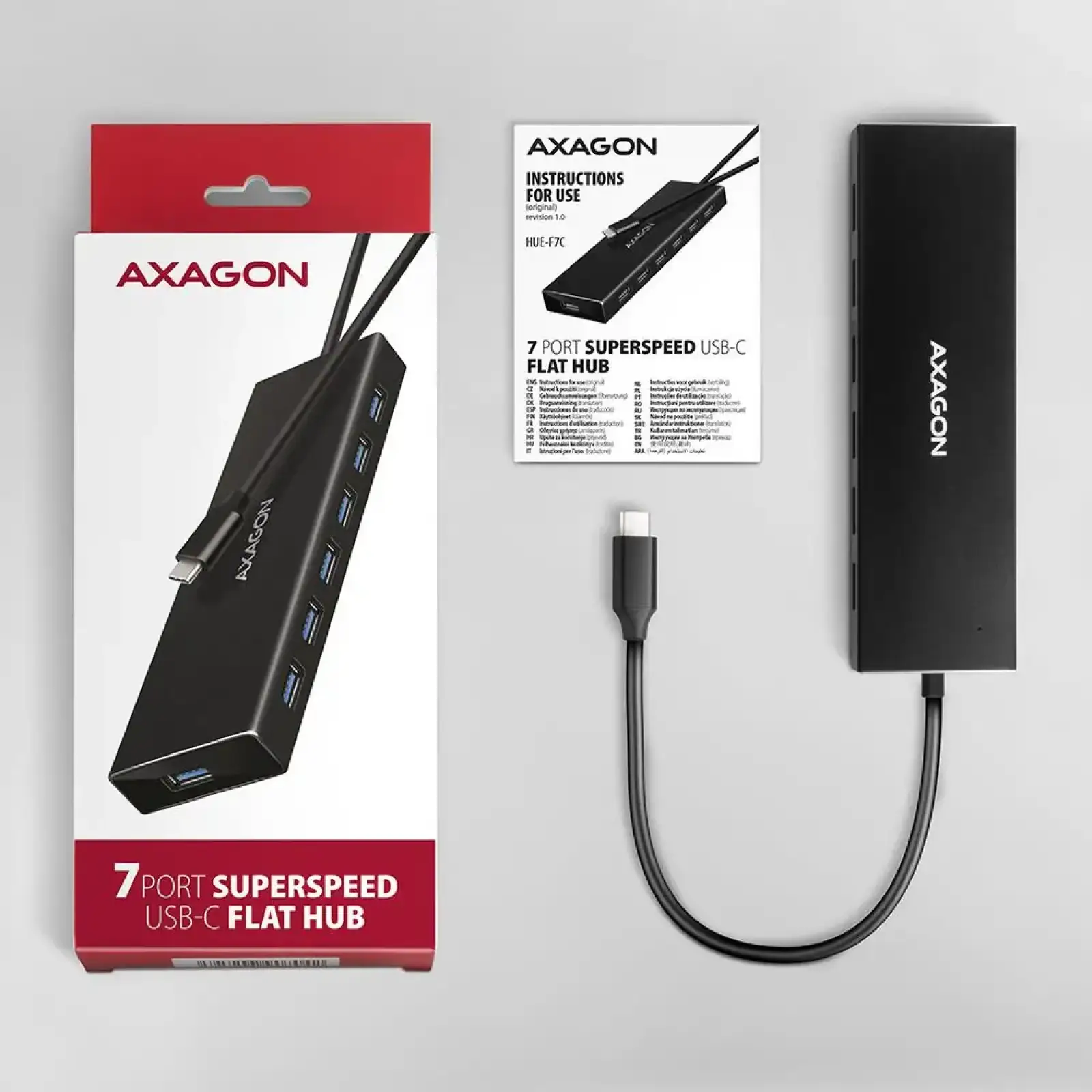 Хаб AXAGON HUE-F7C SuperSpeed USB-C FLAT CHARGING hub, кабель 30см USB-C, Чорний UA