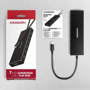 Хаб AXAGON HUE-F7C SuperSpeed USB-C FLAT CHARGING hub, кабель 30см USB-C, Чорний UA