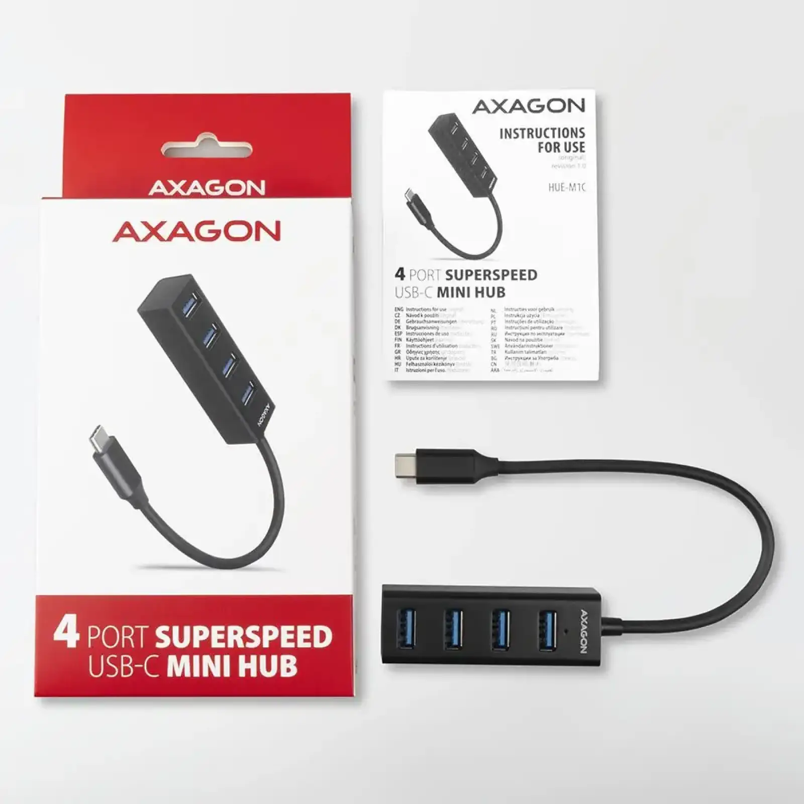 Хаб AXAGON HUE-M1C SuperSpeed USB-C MINI hub, USB-C кабель 20см, Чорний UA