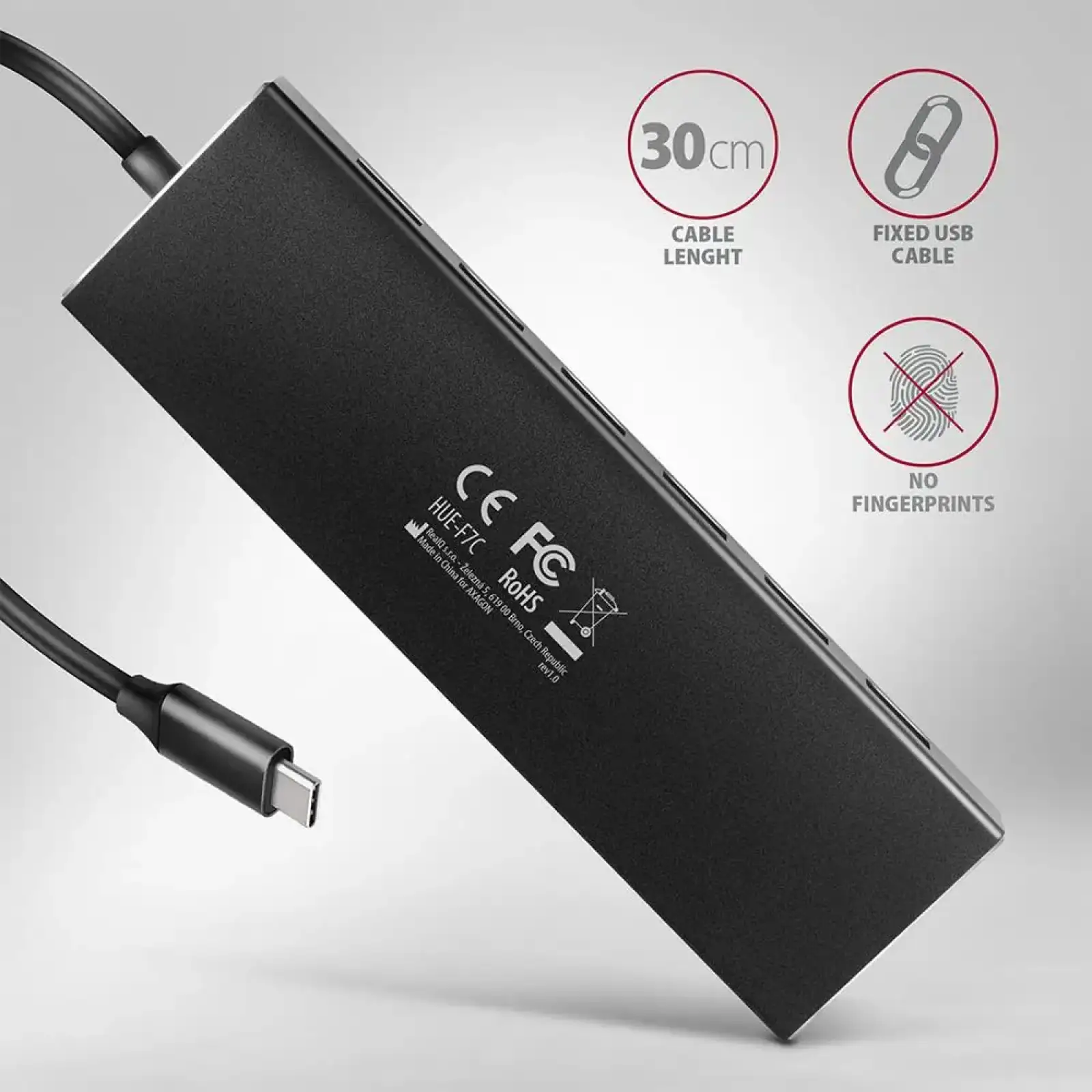 Хаб AXAGON HUE-F7C SuperSpeed USB-C FLAT CHARGING hub, кабель 30см USB-C, Чорний UA