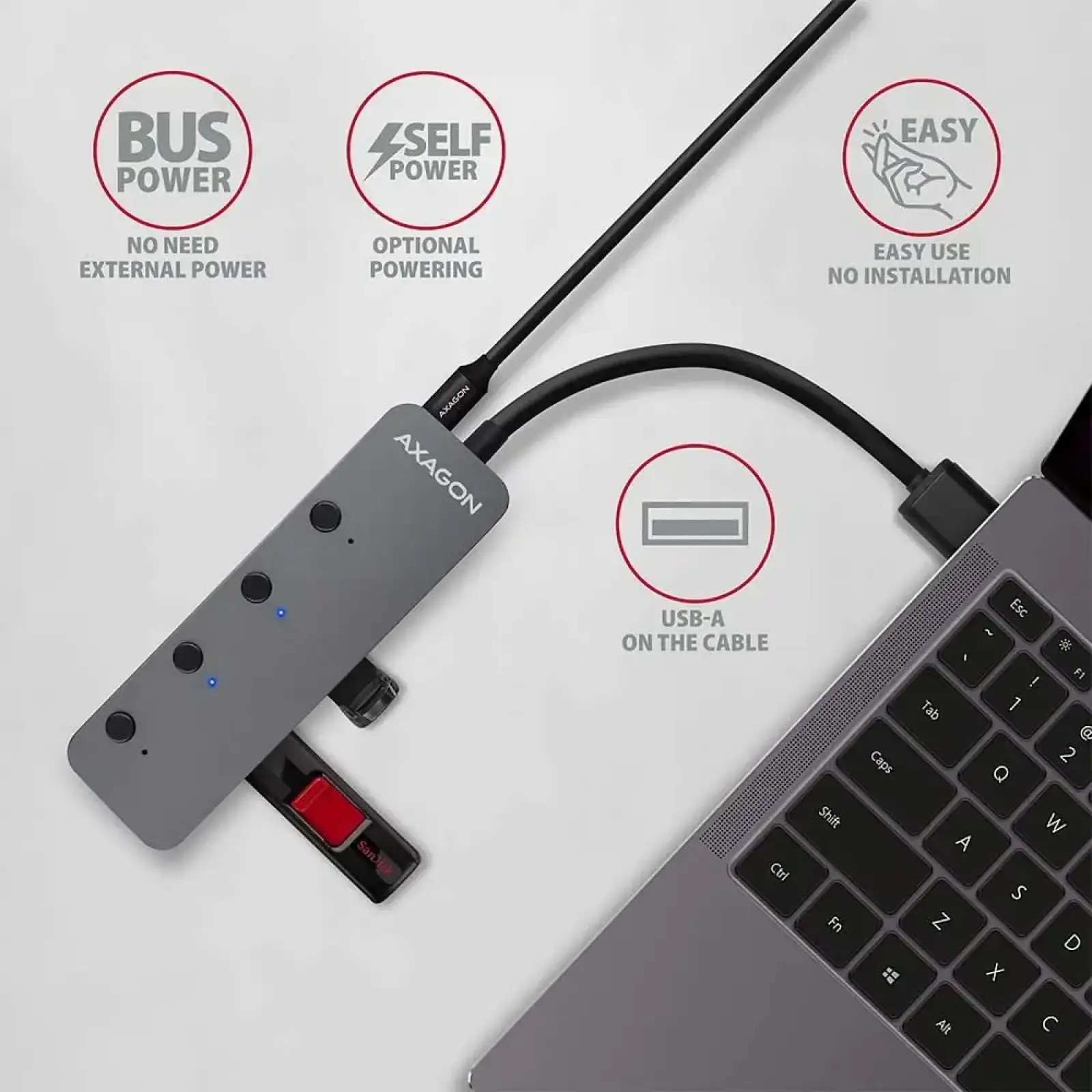 Хаб AXAGON HUE-MSA SuperSpeed USB-A SWITCH hub w. функція зарядки, USB-A кабель 20см, Сірий UA