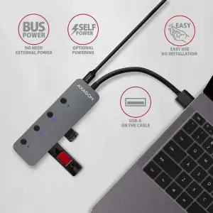 Хаб AXAGON HUE-MSA SuperSpeed USB-A SWITCH hub w. функція зарядки, USB-A кабель 20см, Сірий UA