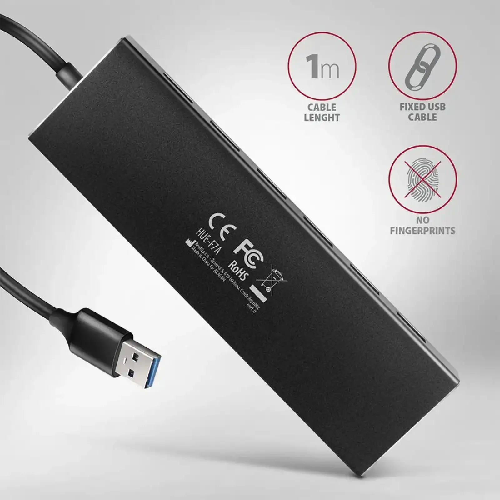 Хаб AXAGON HUE-F7A SuperSpeed USB-A FLAT hub, 1м USB-A , Чорний UA