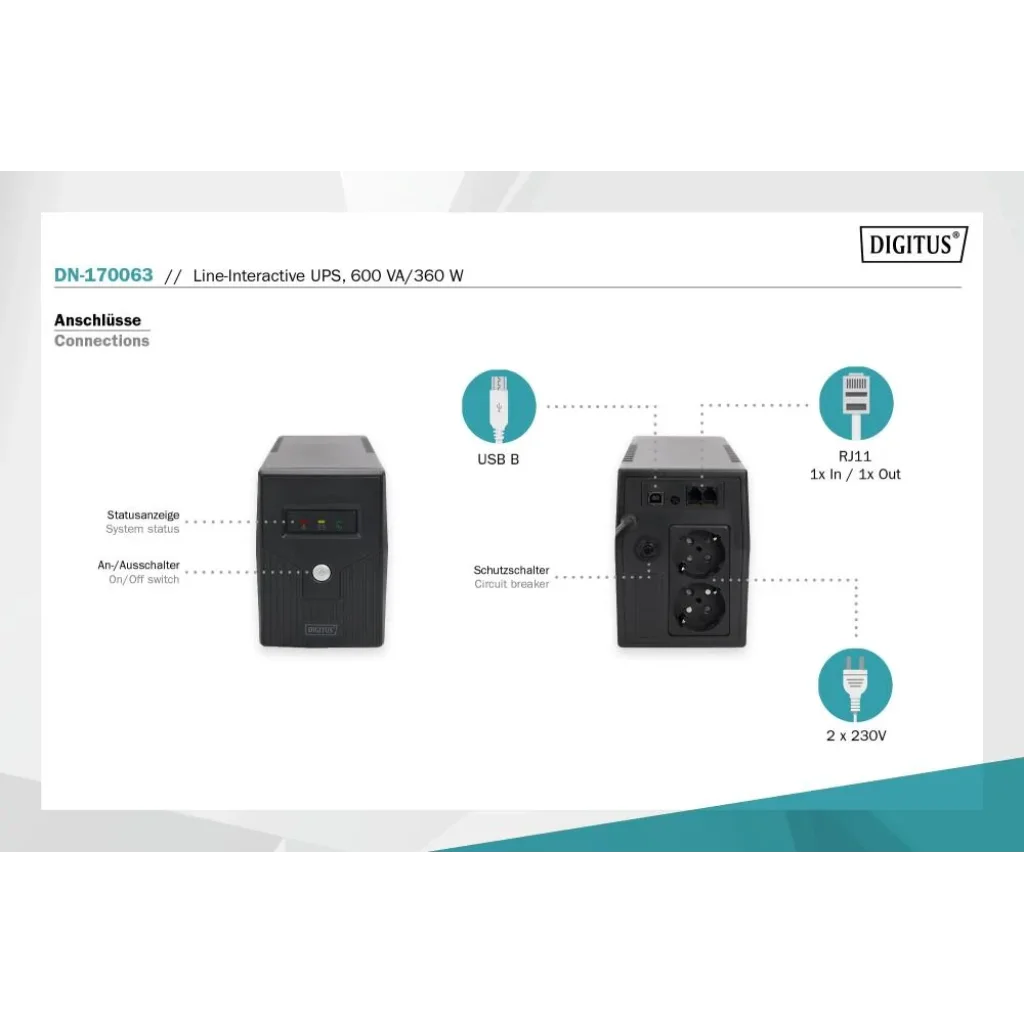 Джерело безперебійного живлення UPS LINE-INTERACTIVE 600VA 360W DN-170063 DIGITUS by ASSMANN UA