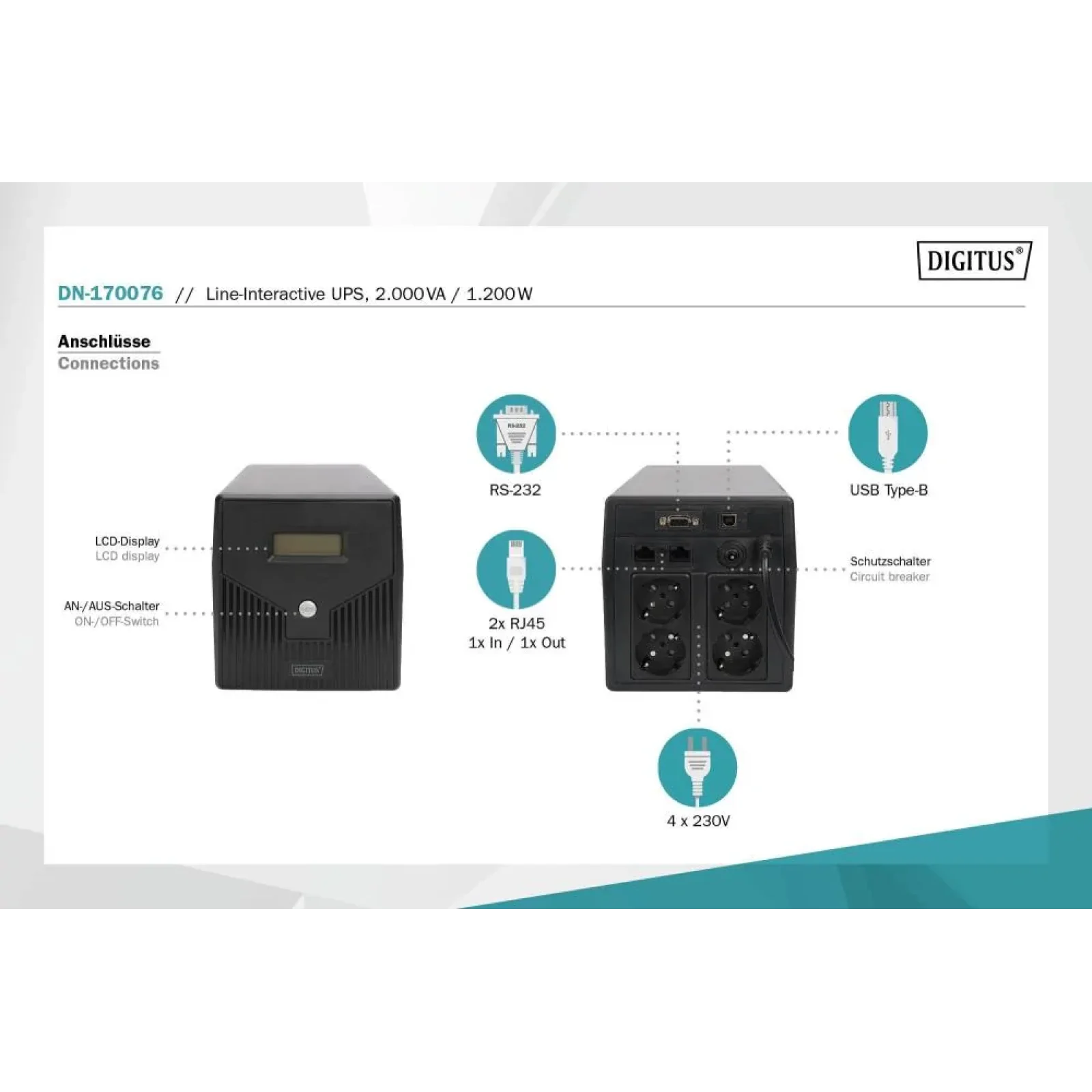 Джерело безперебійного живлення UPS LINE-INTERACTIVE 2000VA 1200W DN-170076 DIGITUS by ASSMANN UA