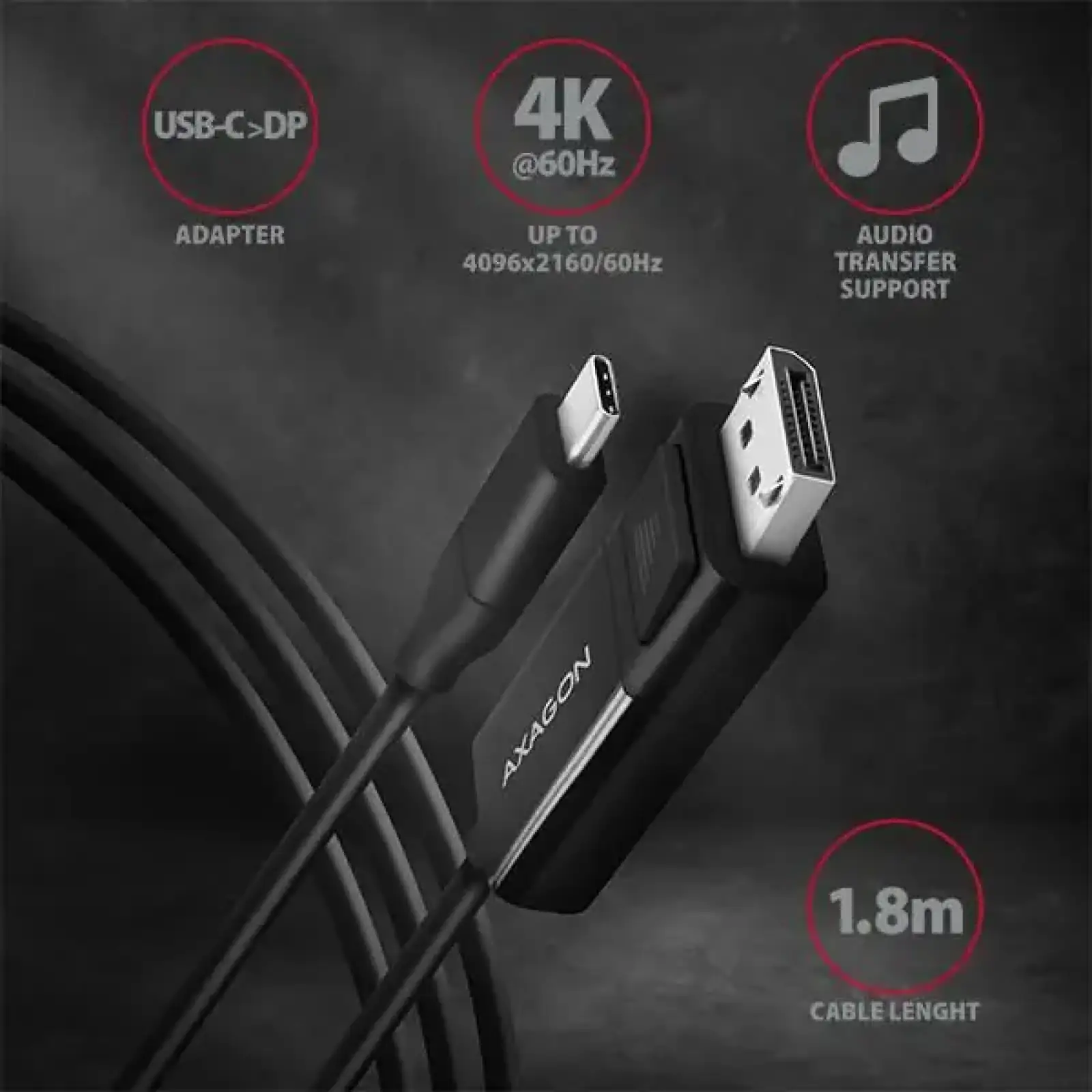 Кабель AXAGON RVC-DPC USB-C-DisplayPort, 1.8m, 4K/60Hz, чорний UA