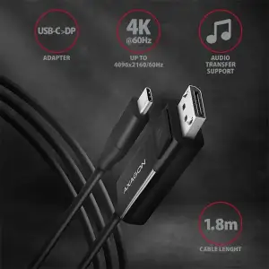 Кабель AXAGON RVC-DPC USB-C-DisplayPort, 1.8m, 4K/60Hz, чорний UA