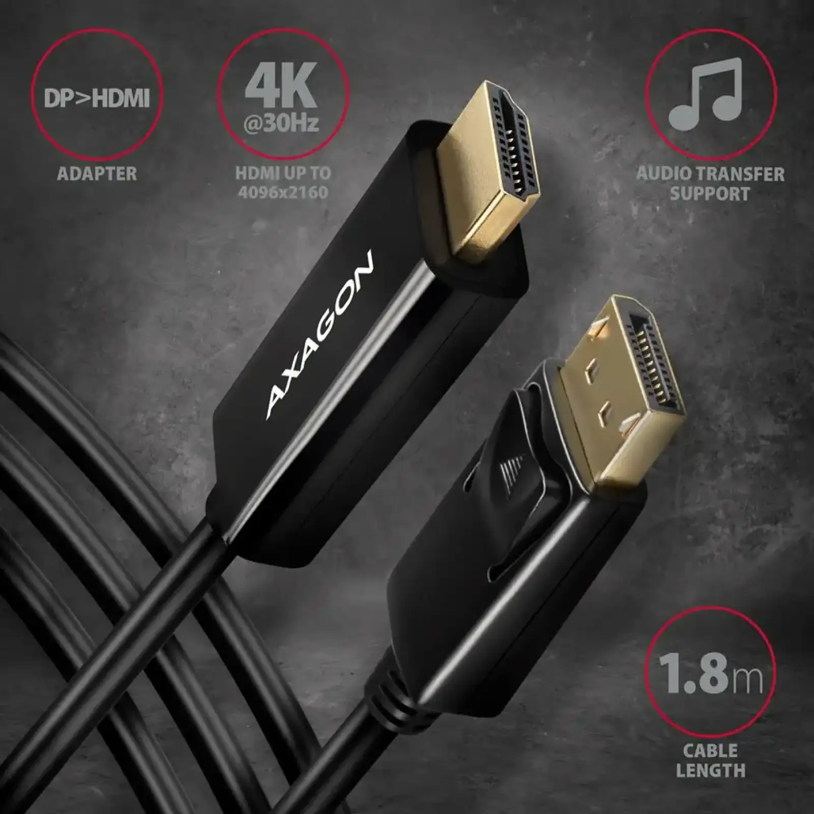 Кабель AXAGON RVD-HI14C2 HDMI-DisplayPort, 1.8m, 4K/30Hz, чорний UA