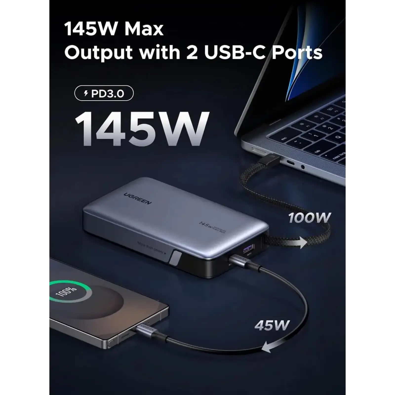 Зовнішній акумулятор UGREEN PB551 20000mAh 145W Gray (55992)