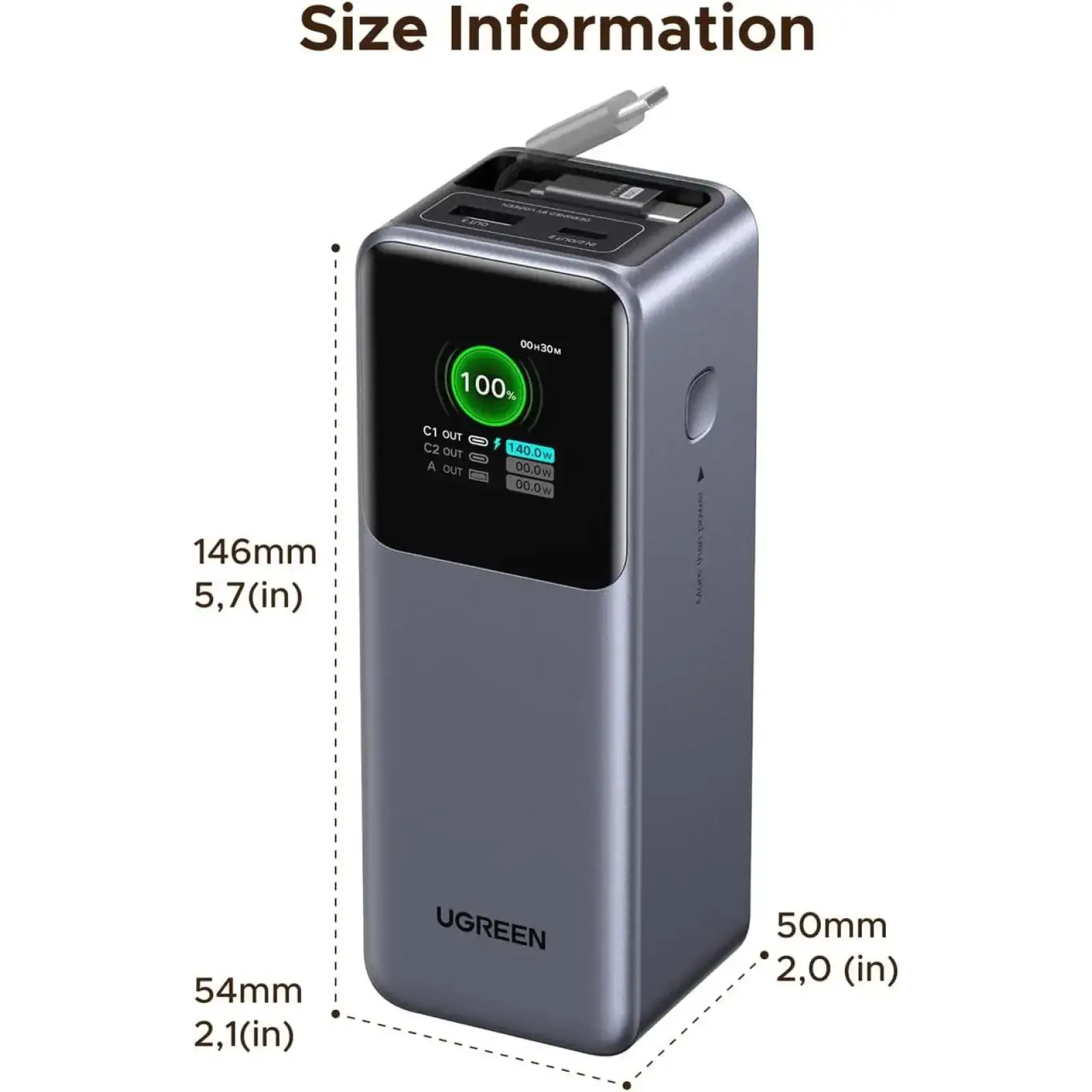 Зовнішній акумулятор UGREEN PB726 Nexode 20000mAh 165W with Retractable USB-C (55987)